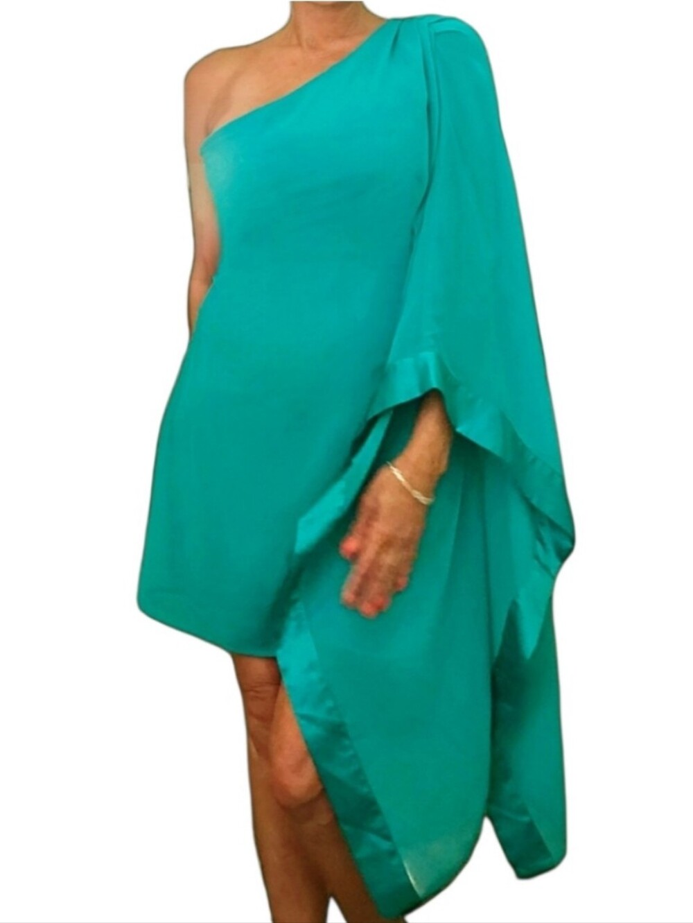 Green Chiffon One Shoulder One Arm Satin Trim Asymmetric Cocktail Party Dress